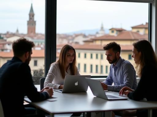 AlbergoLink Solutions team collaborating in their modern Florence office overlooking the city